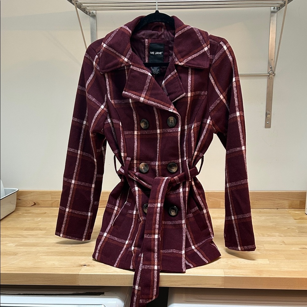 Me Jane Women's Maroon double breasted belted pea coat